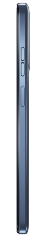 Widok z boku smukłego niebieskiego telefonu. Widoczne przyciski z boku. Elegancki design.