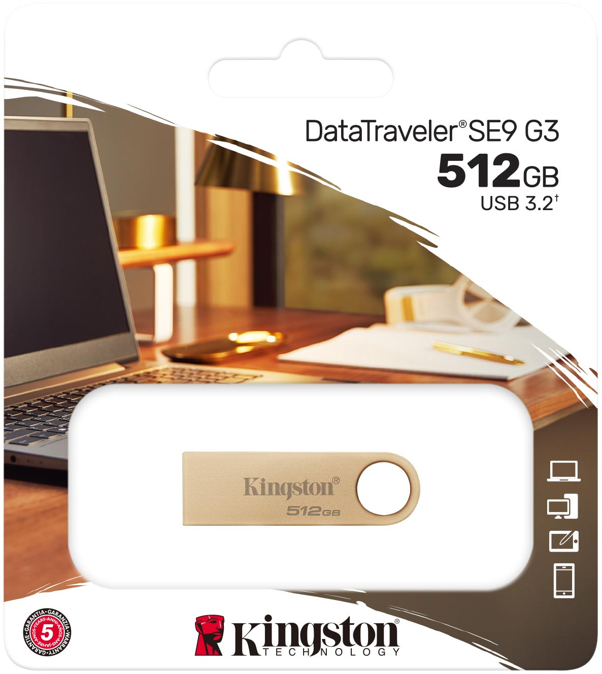 Kingston DataTraveler 512GB USB-Laufwerk. Ein Laptop und Papiere sind im Hintergrund.