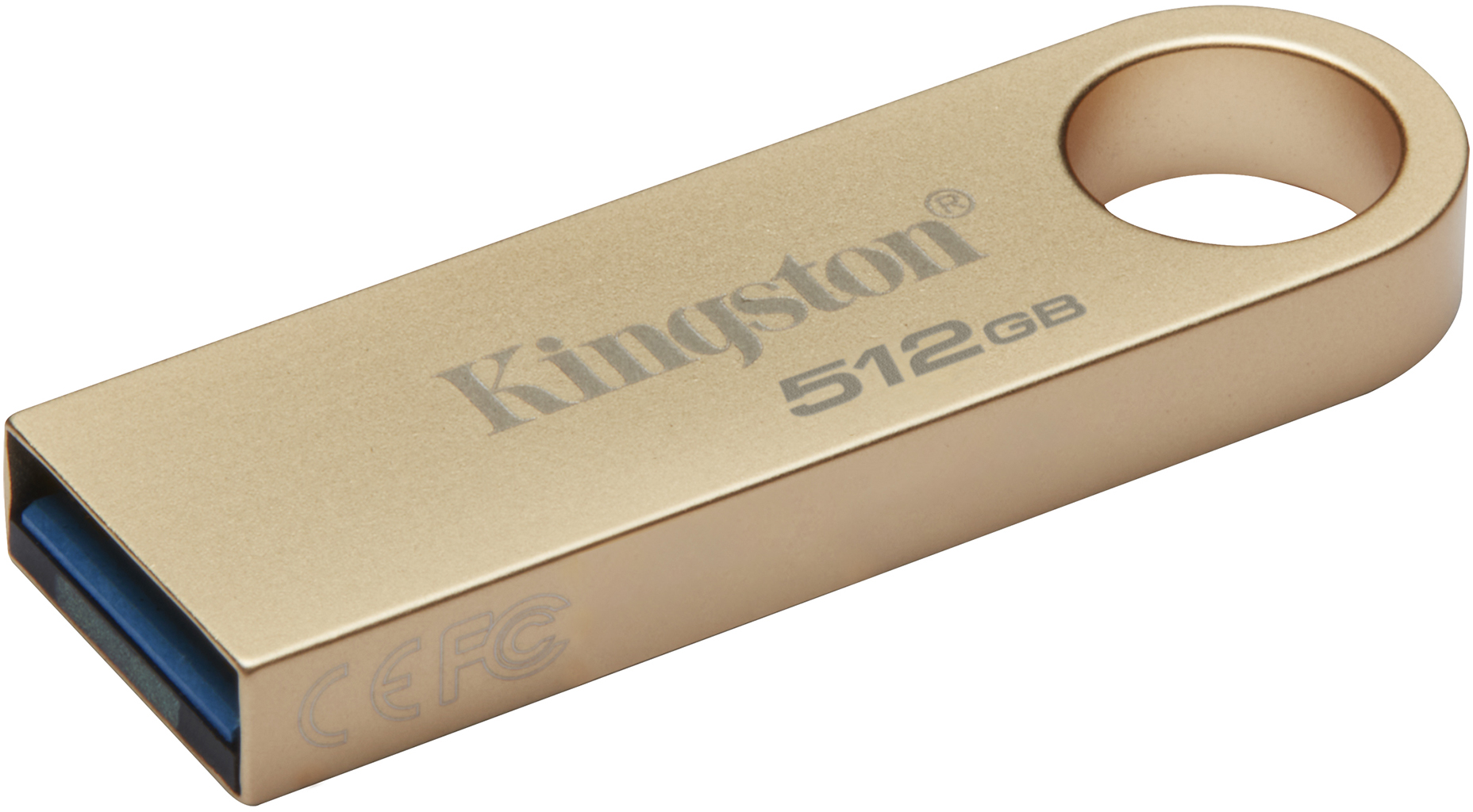 Goldener USB-Stick mit 'Kingston 512GB' Aufdruck. Er hat einen blauen USB-Anschluss.