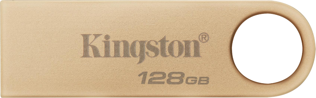 Goldfarbener USB-Stick mit dem Markennamen 'Kingston' und '128GB' aufgedruckt. Der Stick hat eine Schlaufe.