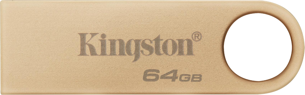 Kingston USB-Stick, beige, mit 'Kingston' und '64GB' Text. Weißer Hintergrund.