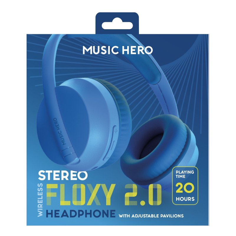 Blaue Kopfhörer mit dem Text 'Music Hero' auf der Box.