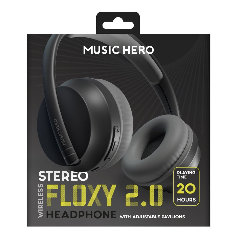 Schwarze und graue Floxy 2.0 Wireless-Kopfhörer-Box.
