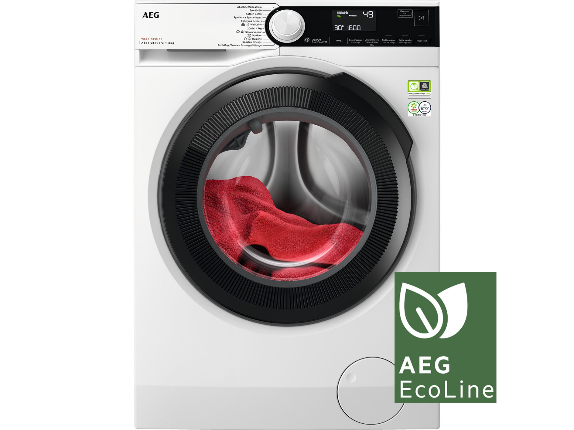 A white AEG washing machine with a red towel inside the drum.