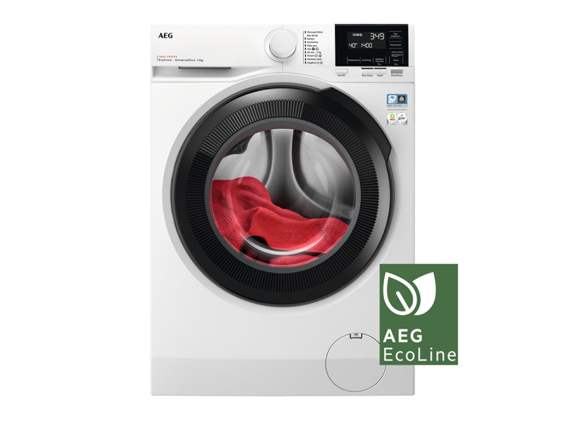 A white AEG washing machine with a red cloth visible inside.