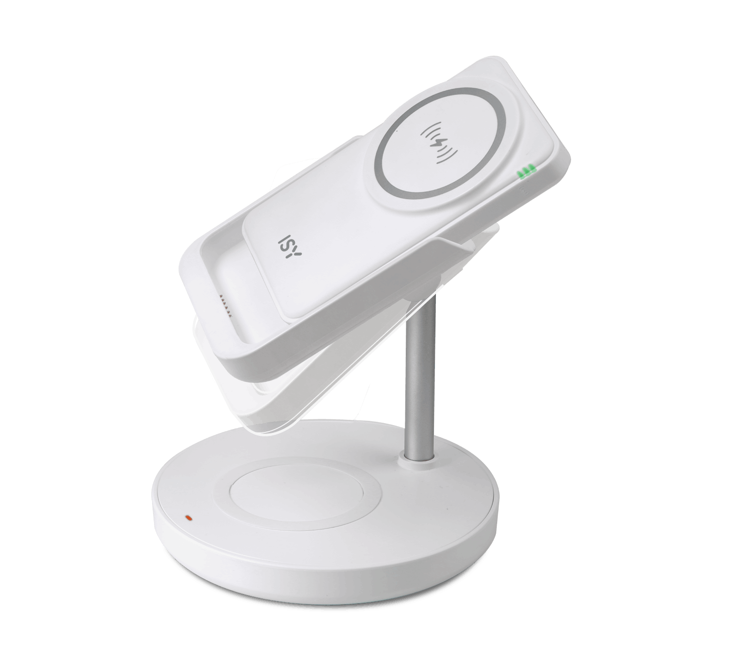 Soporte de carga inalámbrico blanco con un teléfono adjunto. La base es circular.