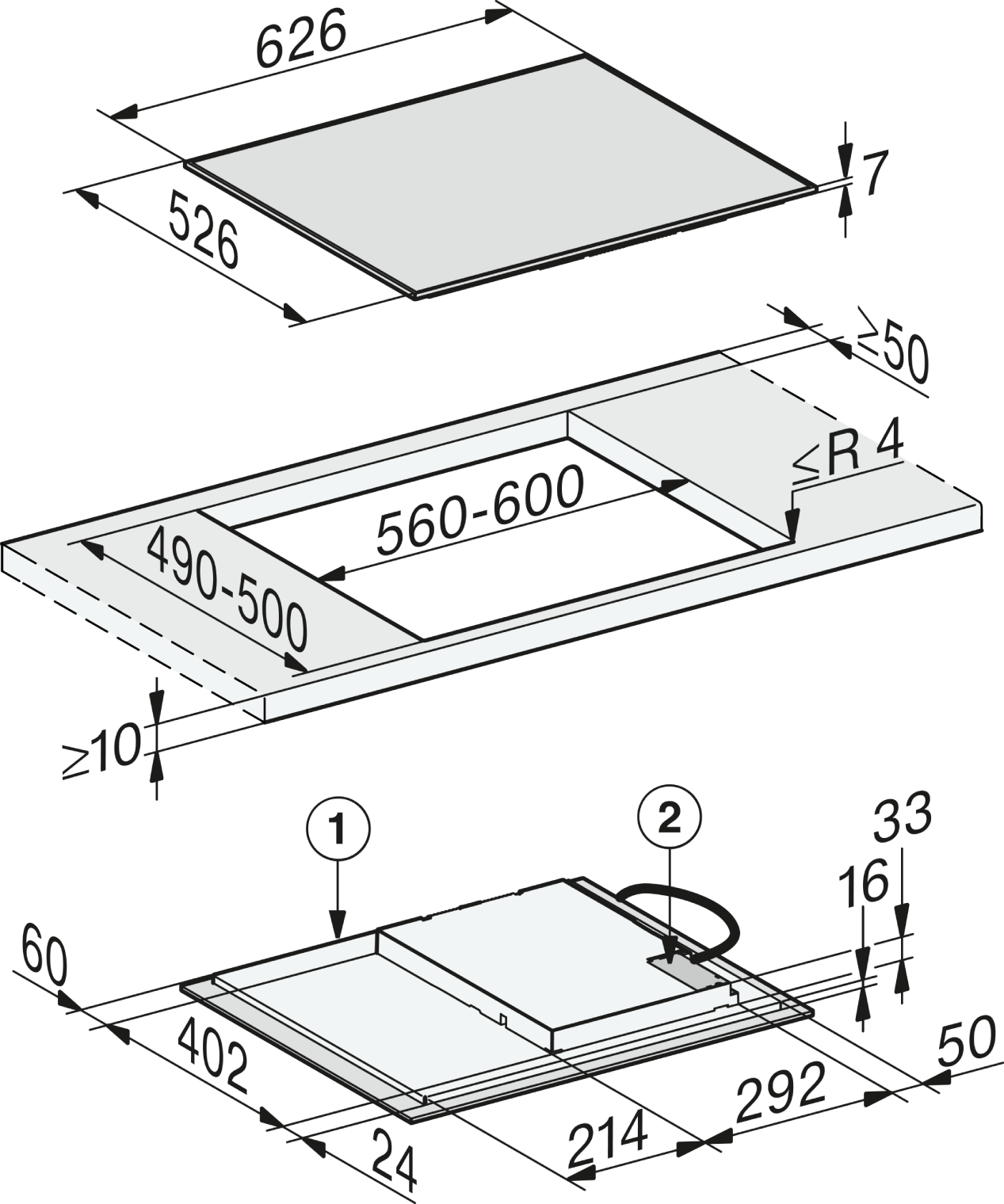 Dibujo esquemático de una placa de cocina con dimensiones.