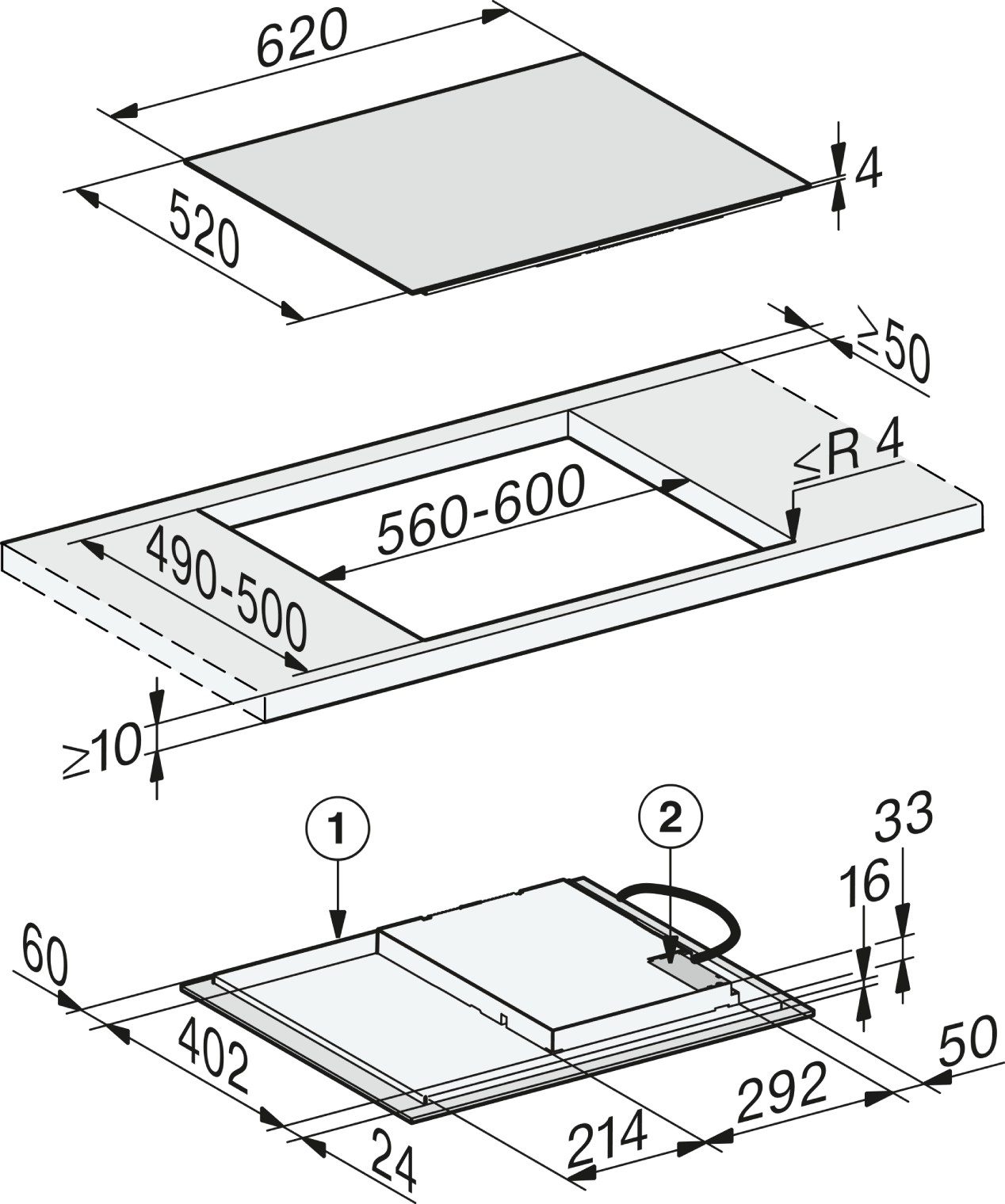 Dibujo técnico de un electrodoméstico empotrado.