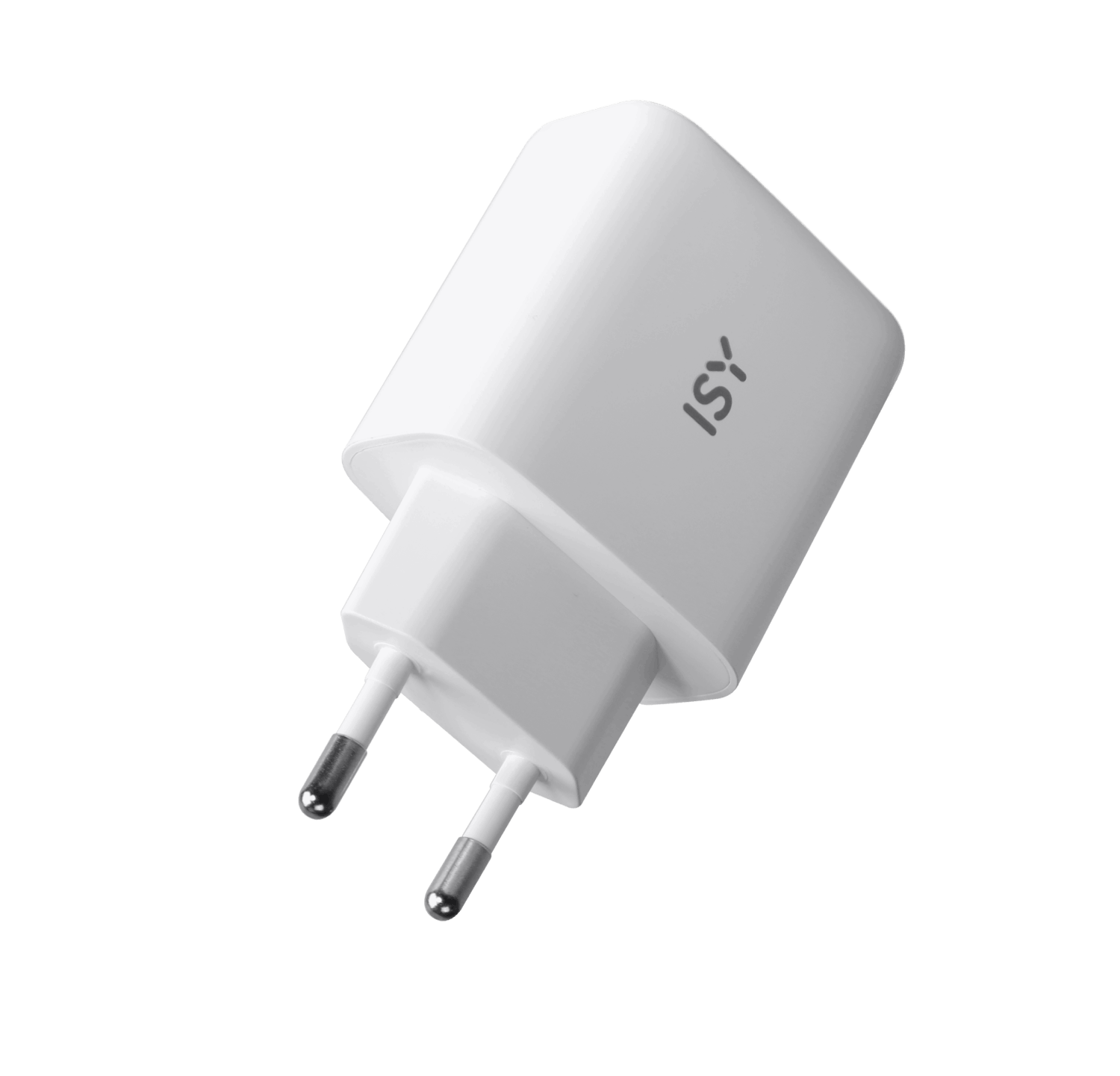 Un adaptador de corriente blanco, aislado sobre un fondo negro.