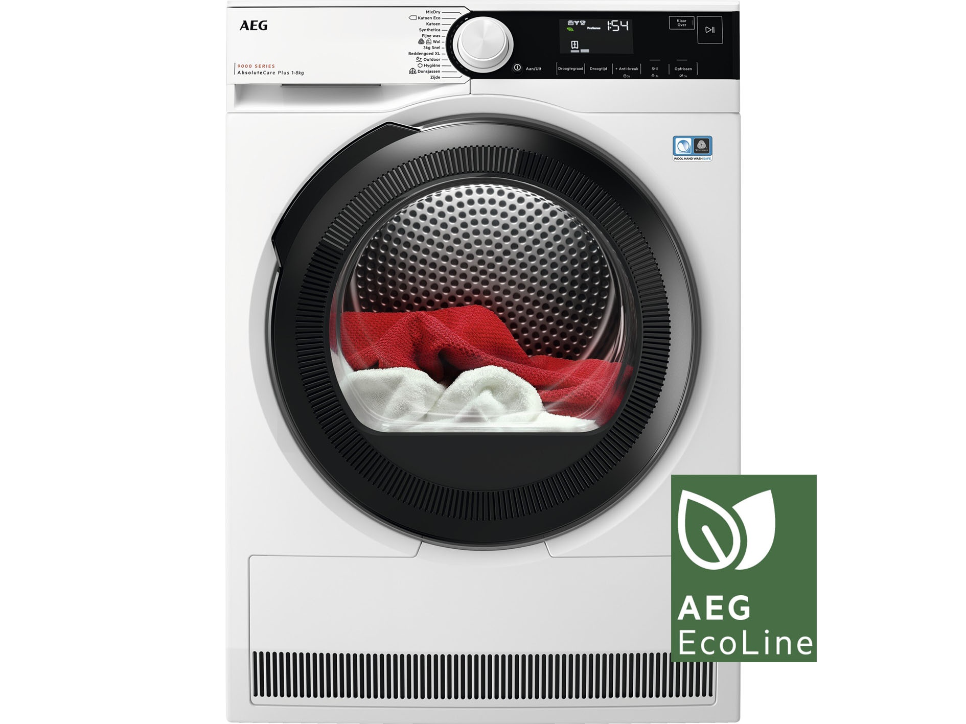 Een witte AEG wasmachine. De deur is zwart met een glazen raam en rode en witte handdoeken.