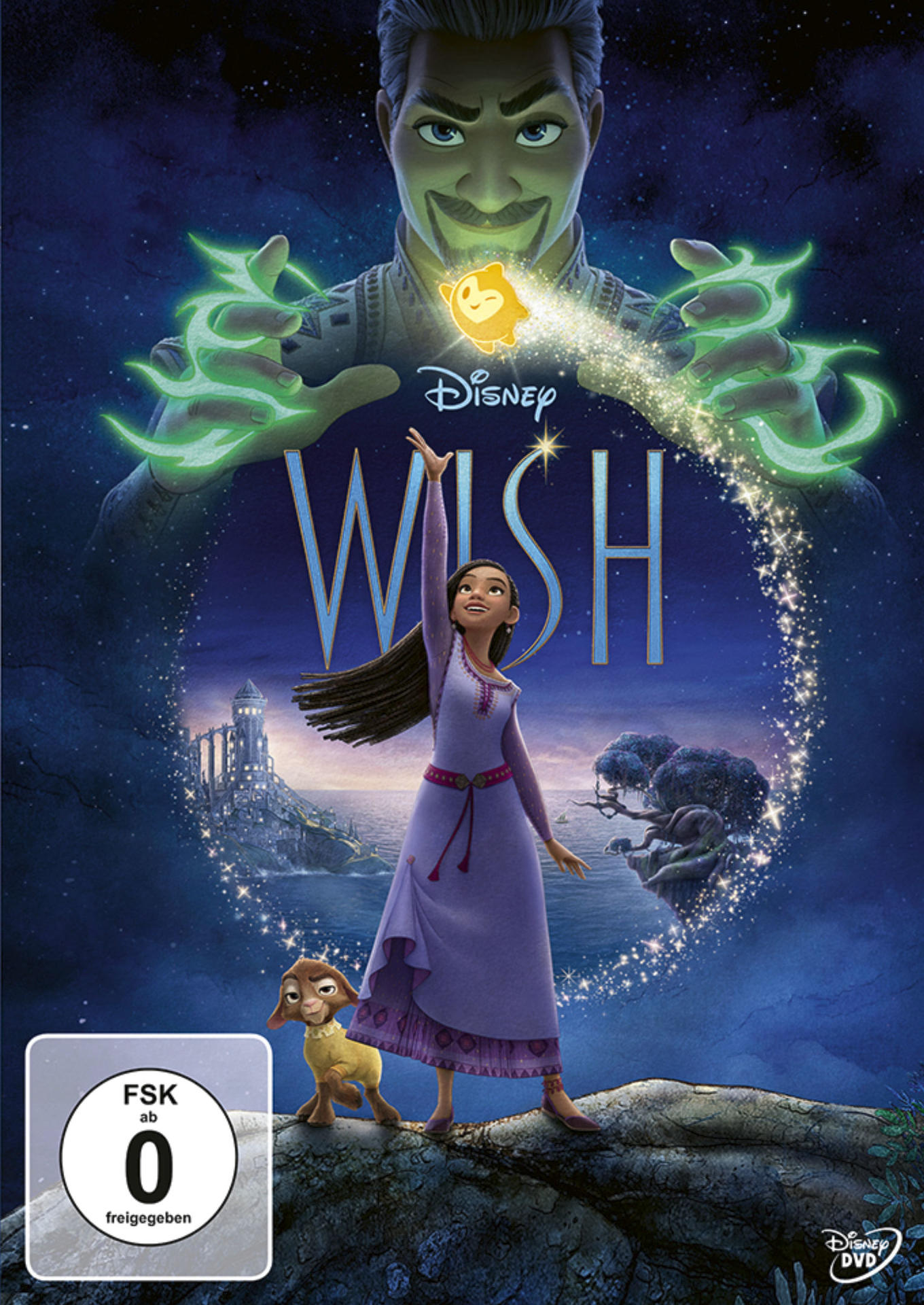 Wish Filmcover, Mädchen greift nach Licht, Disney-Logo, Zeichentrickfigur, blauer Hintergrund.