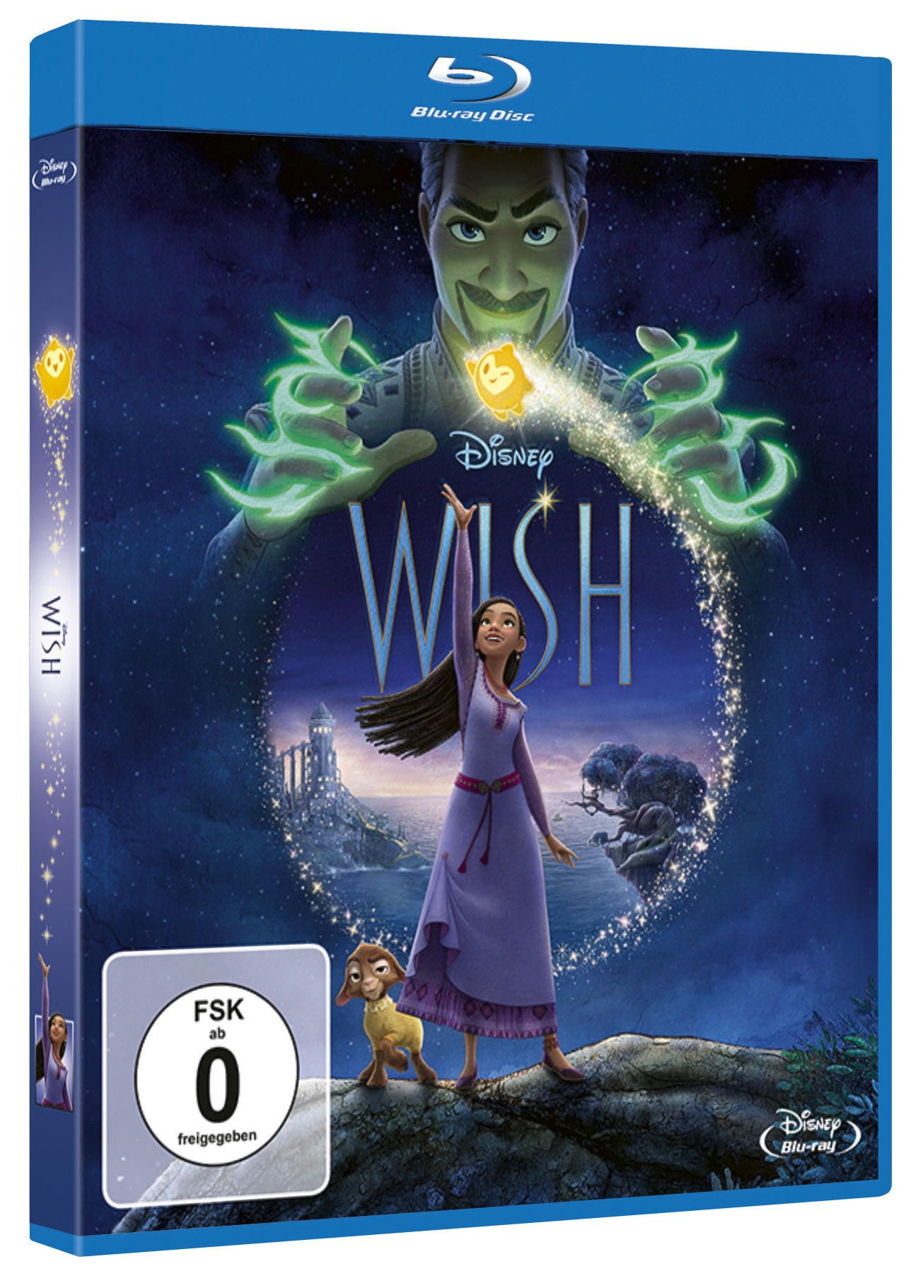 Disney Wish Blu-ray Disc-Cover mit einer Frau, einem Hund und magischem Licht.