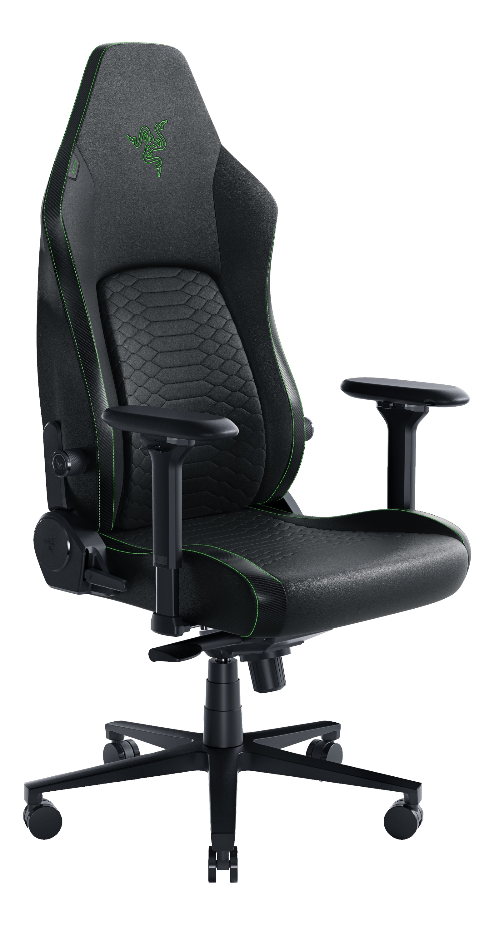 Schwarzer Gaming-Stuhl. Kopfstütze mit Razer-Logo, Armlehnen und Fünf-Sterne-Basis. Schwarz und grün.