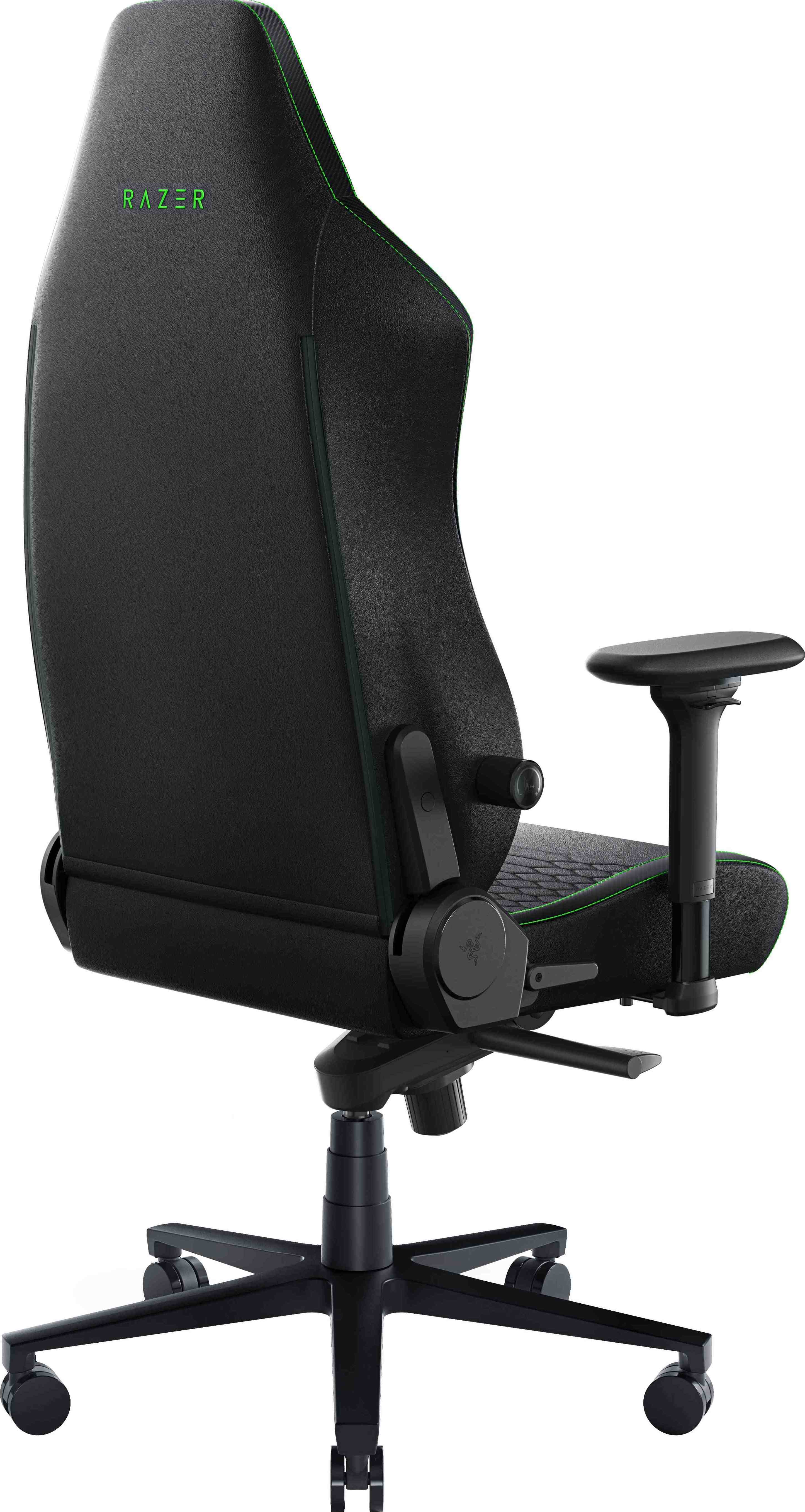 Schwarzer Razer Gaming-Stuhl. Der Stuhl hat eine schwarze Rückenlehne und grüne Akzente.