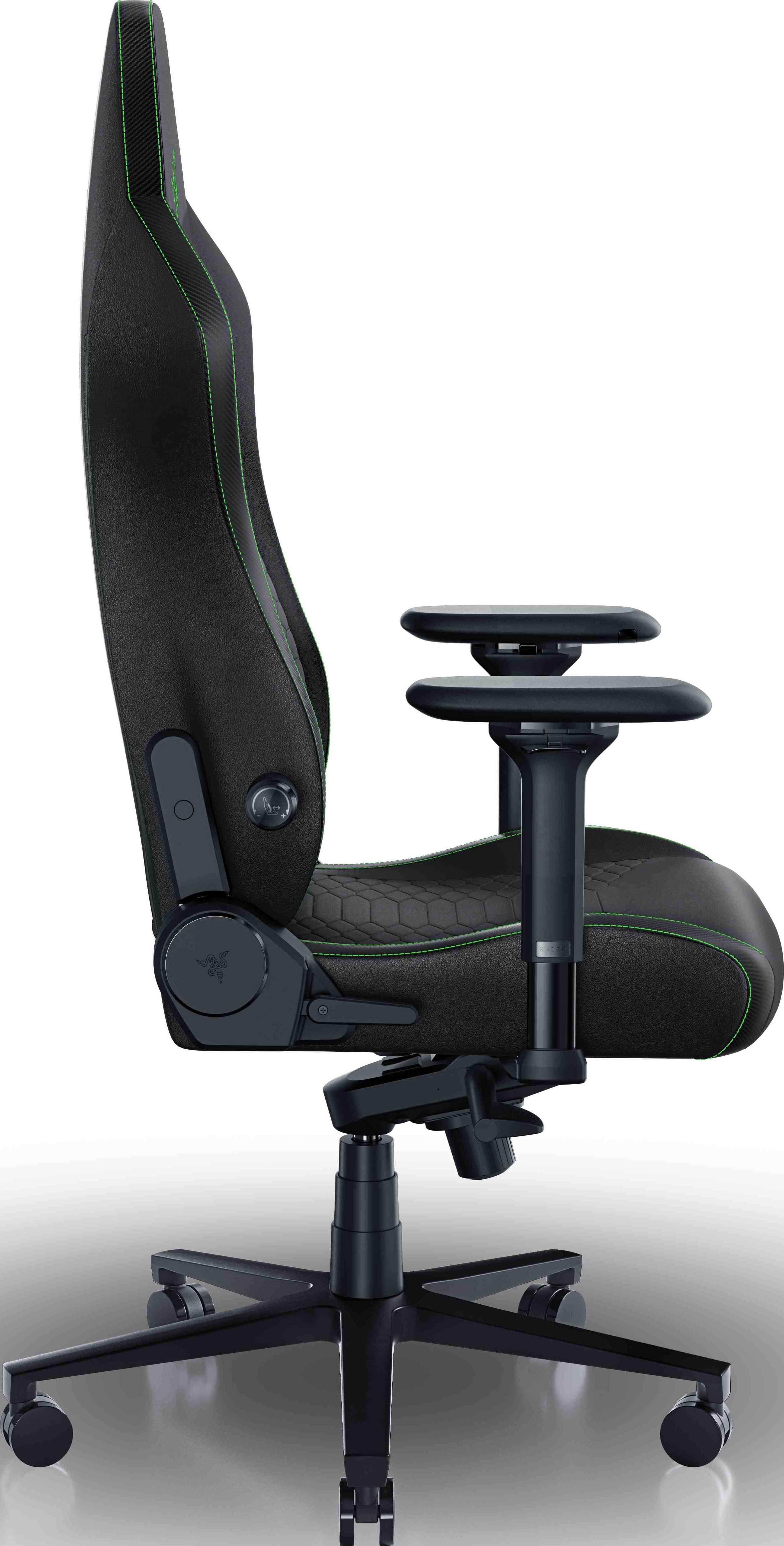Schwarzer und grüner Gaming-Stuhl, seitliche Schrägansicht.