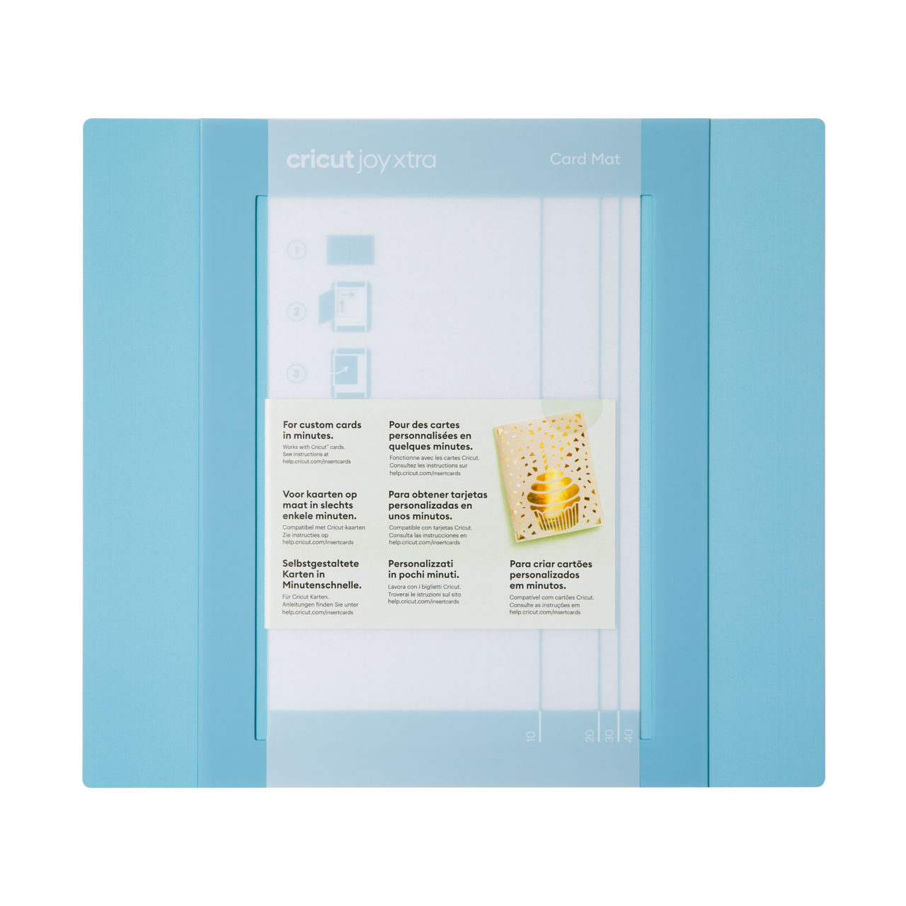 Eine blaue Cricut Joy Xtra Kartenmatte mit Anweisungen in mehreren Sprachen und goldenem Kartendesign.