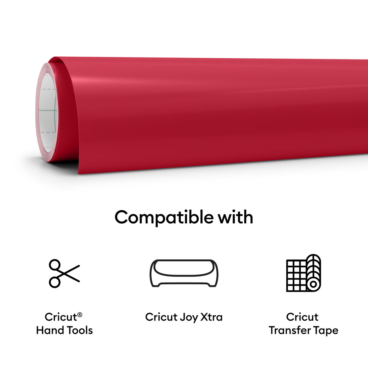Rolle rotes Vinyl mit Text 'Compatible with' und Werkzeugsymbolen.