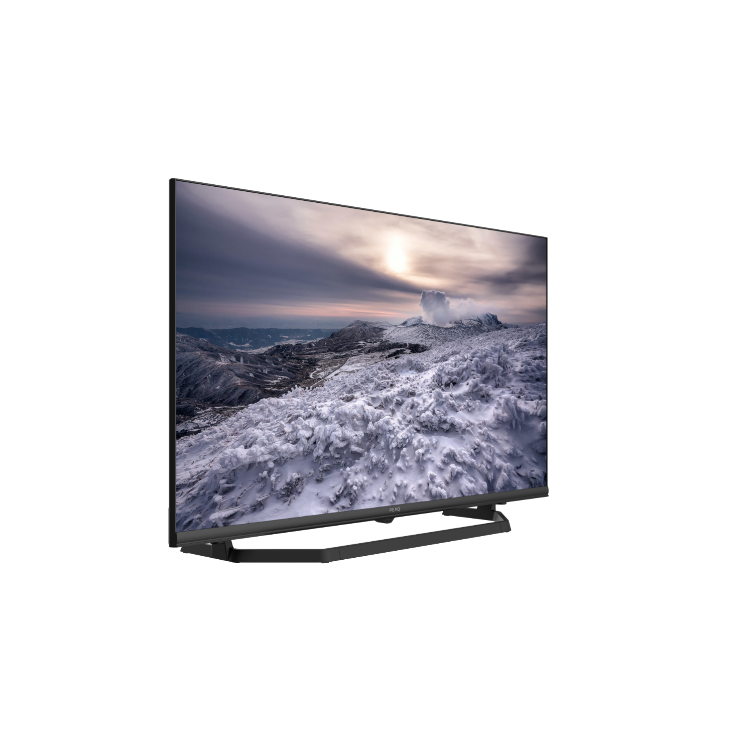 A TV displaying a snow-covered mountain range under a cloudy sky.