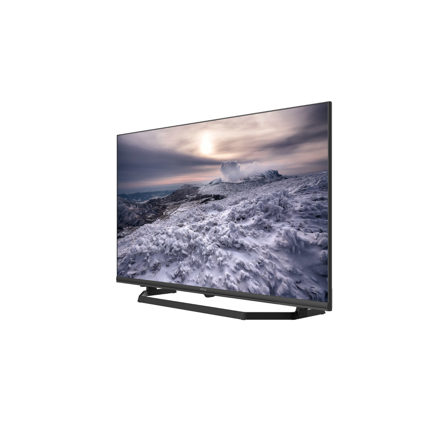 TV with snowy mountain scene on the screen, black frame, angled view.