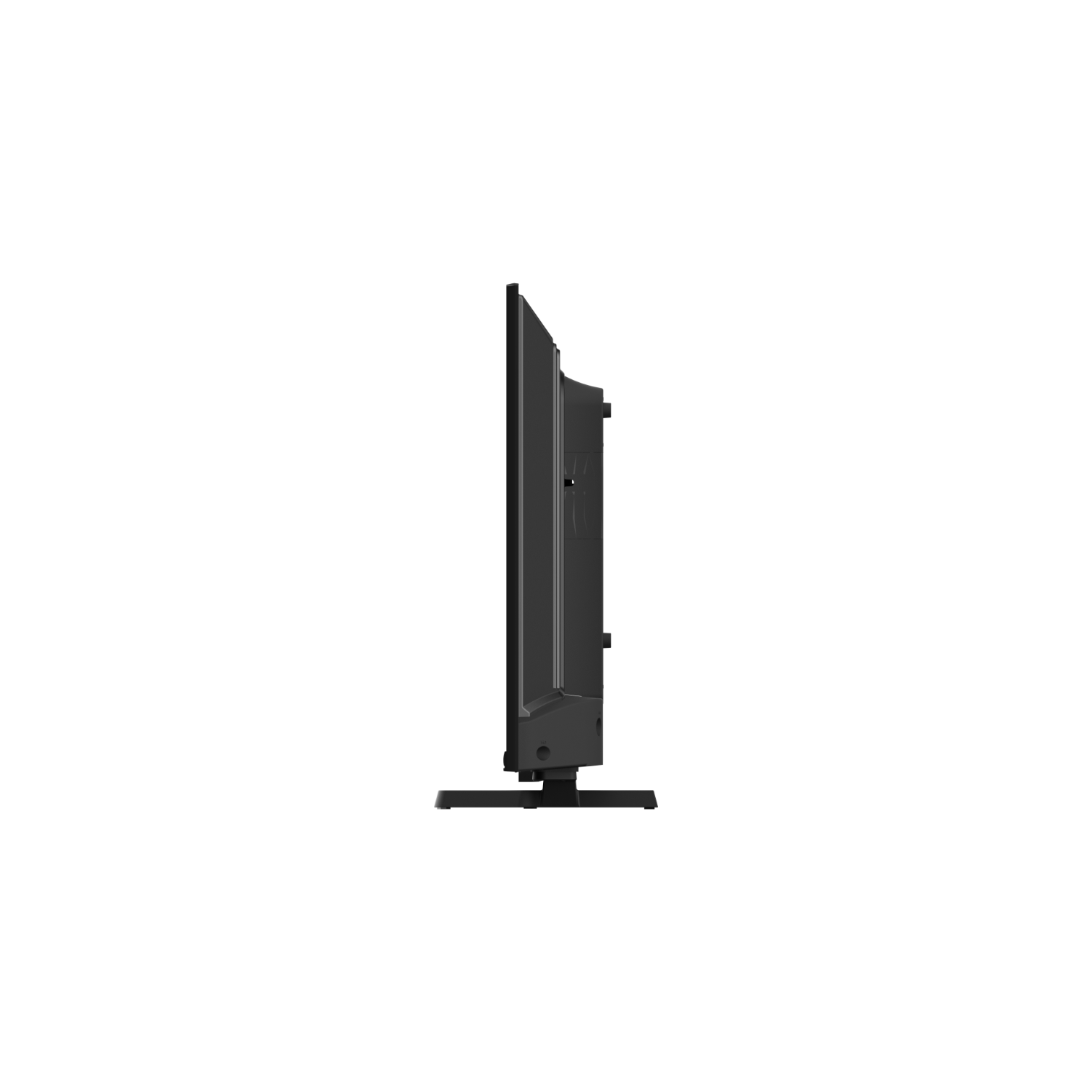 A black TV viewed from the side, set against a black background.