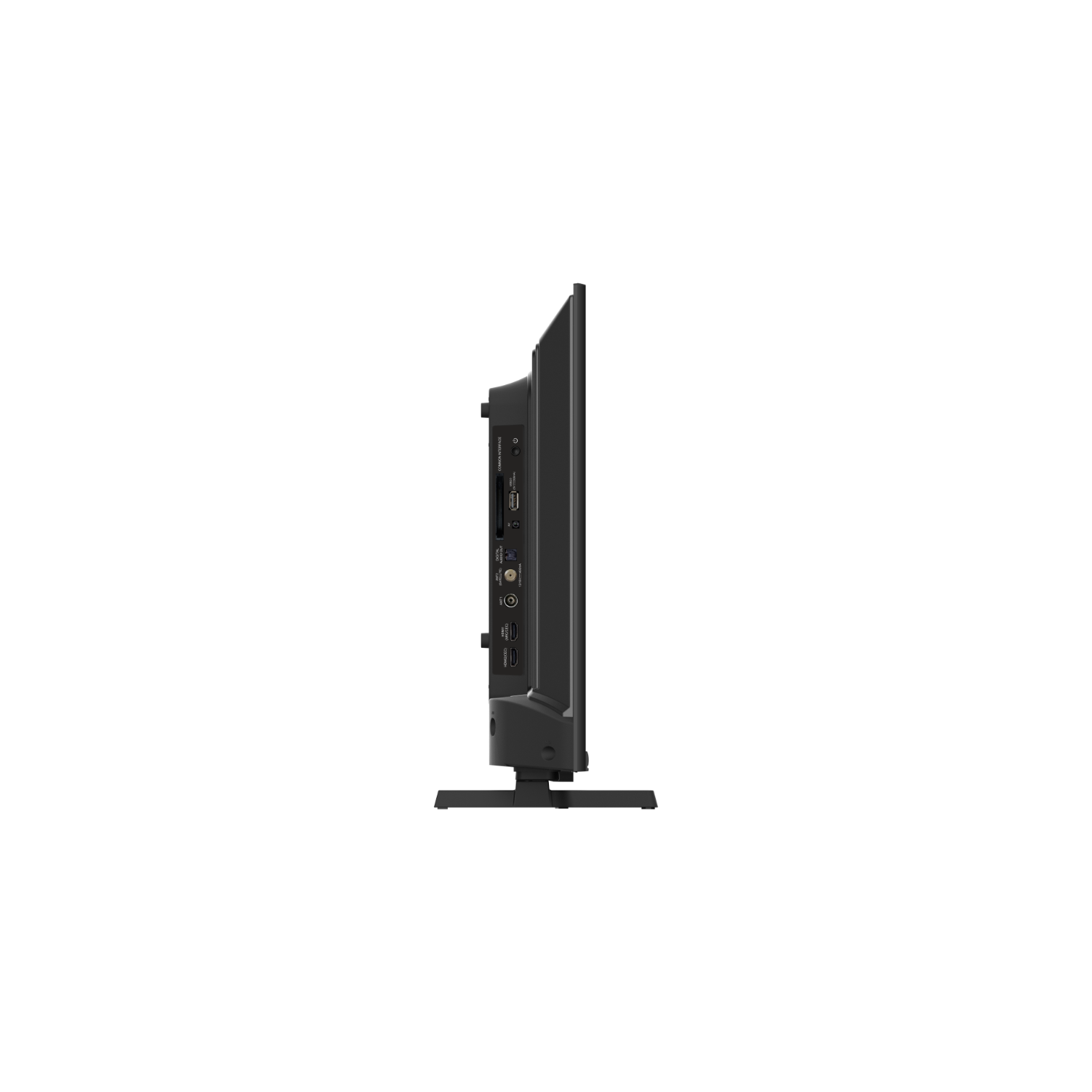 A side view of a black TV against a black background. It has a stand and ports visible.