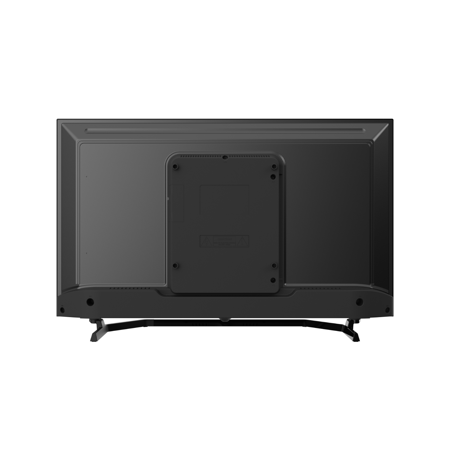Back of a black TV with stands and a plate.