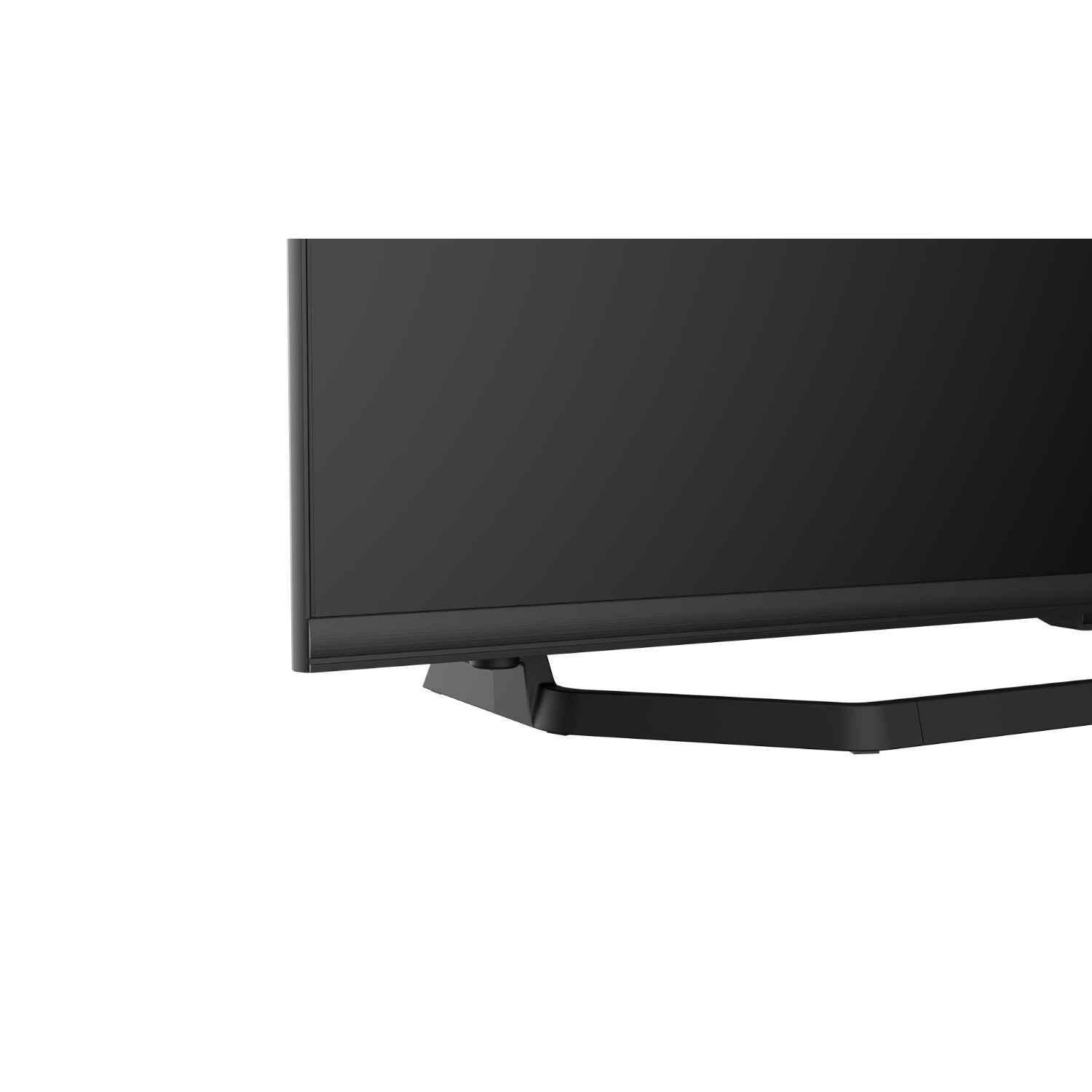 Black TV, angled view of the bottom frame and stand.