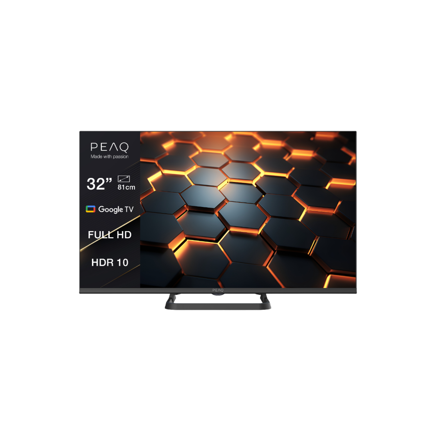 Schwarzer Fernseher mit Wabenmuster-Hintergrund. Mit Google TV, Full HD und HDR 10. Der Bildschirm zeigt ein Logo.