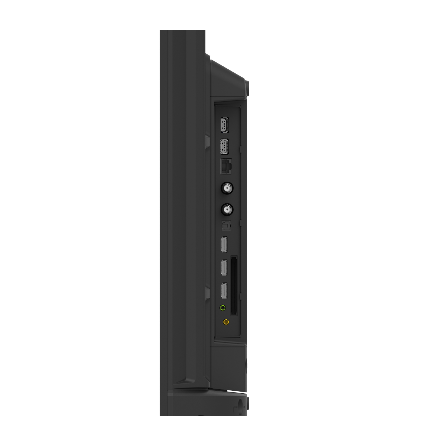 TV side view with ports and connections visible.