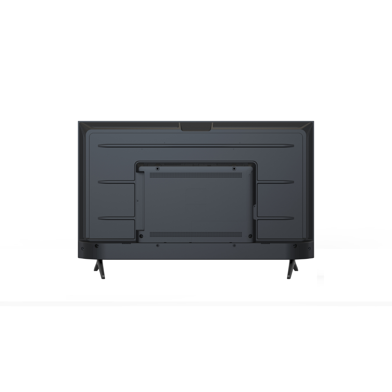 The back of a black TV. Features include ports, vents, and a stand.