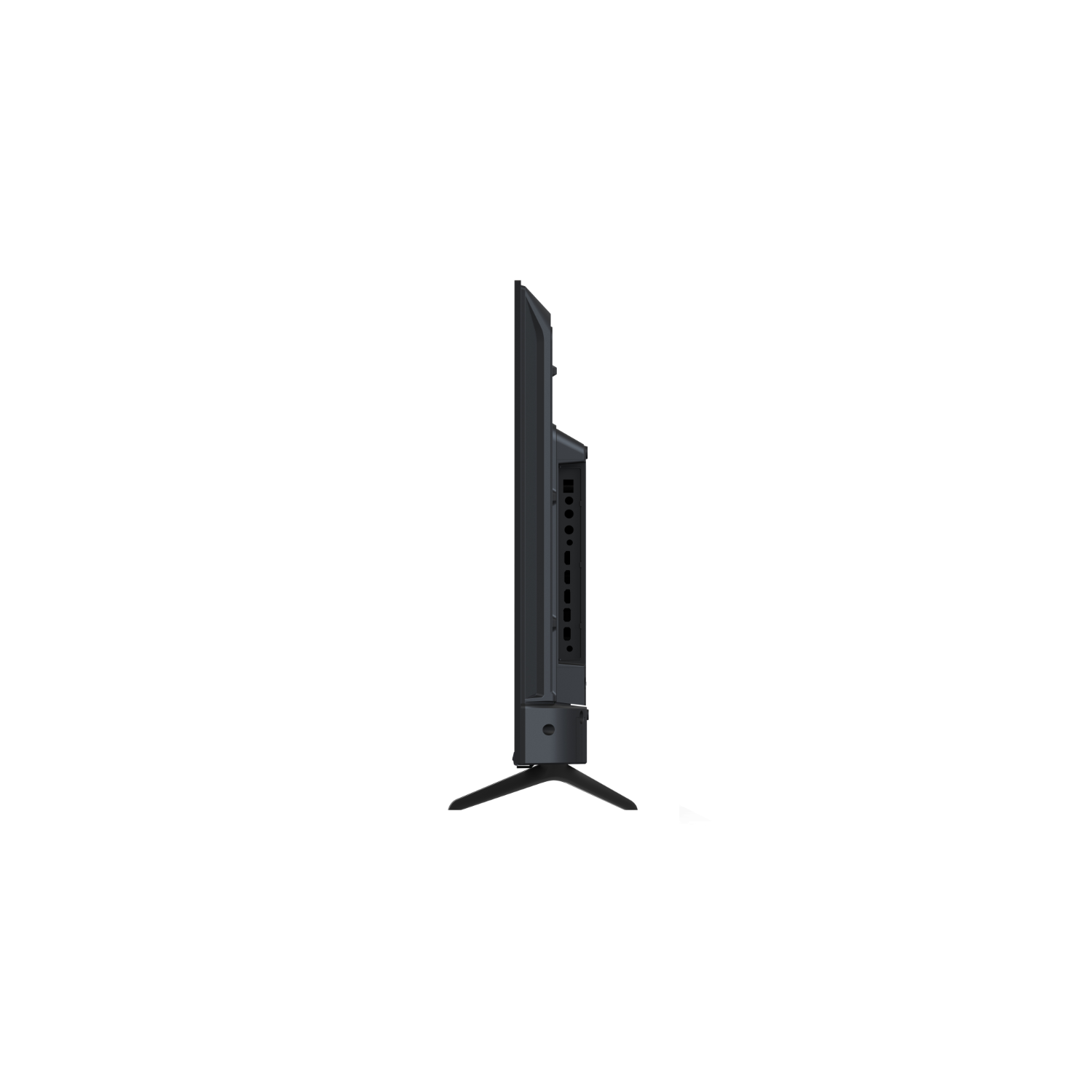 Black TV from the side view. It has a stand and is against a white background.