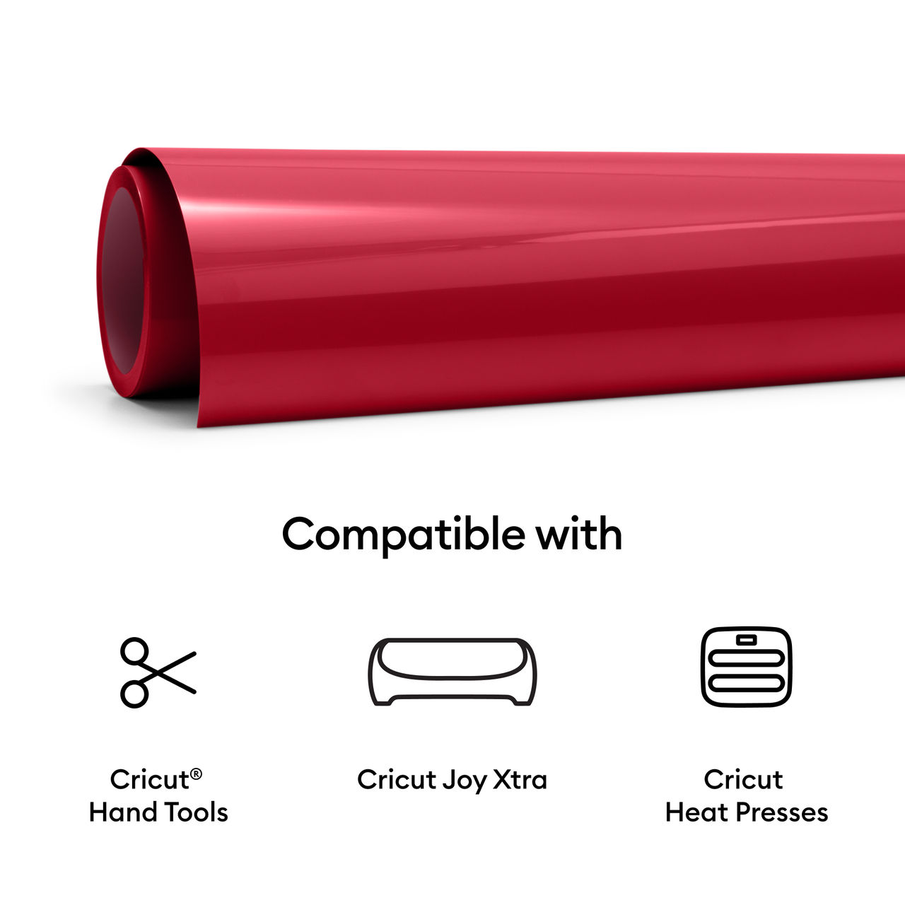 Rolle rotes Vinyl. Enthält Symbole für Cricut-Handwerkzeuge, Cricut Joy Xtra und Cricut-Heizpressen.