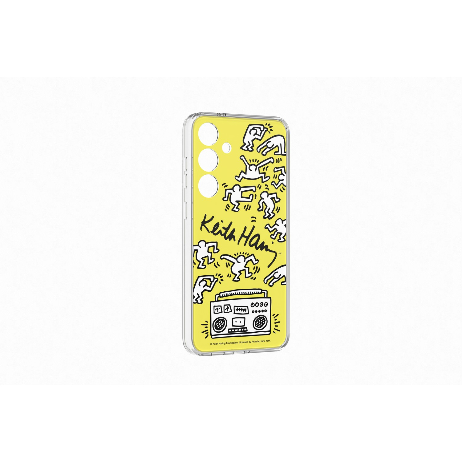 Gele telefoonhoes met Keith Haring kunst. Zwarte figuren.