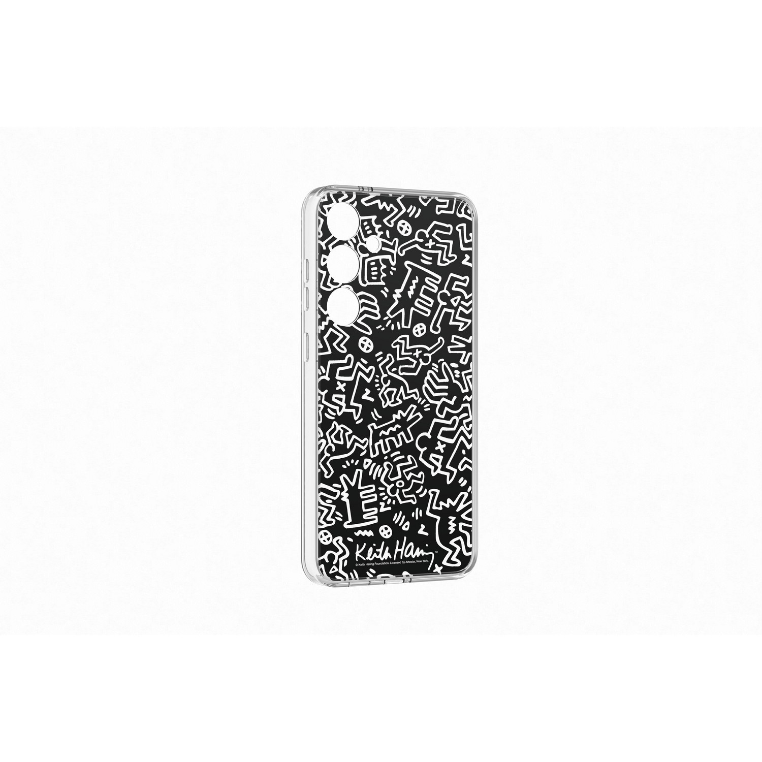 Zwart-wit telefoonhoesje met Keith Haring-kunst. De hoes is transparant en de kunst staat op de achterkant.