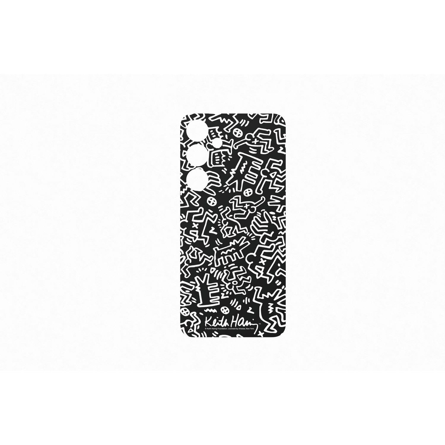 Zwart-witte telefoonhoes met Keith Haring-ontwerp op witte achtergrond.