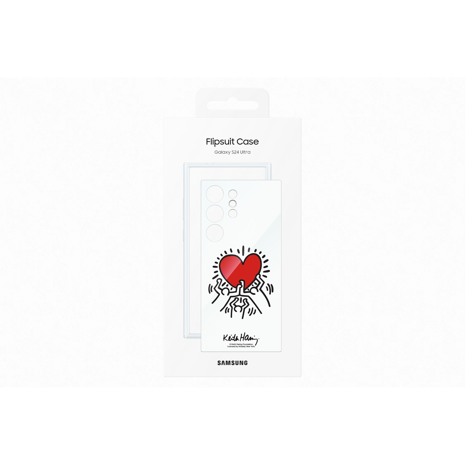 Een telefoonhoesverpakking met een rood hartontwerp en de woorden 'Keith Haring'.