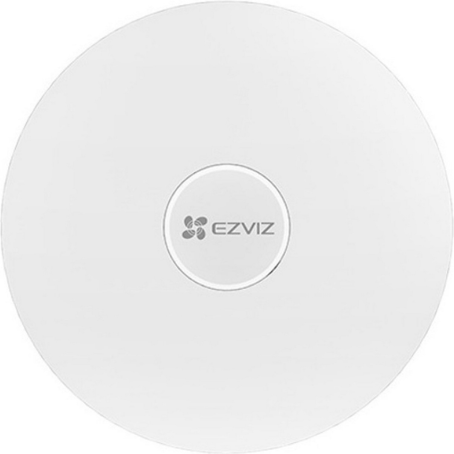 Appareil EZVIZ blanc et circulaire avec le logo au centre. Le fond est blanc.
