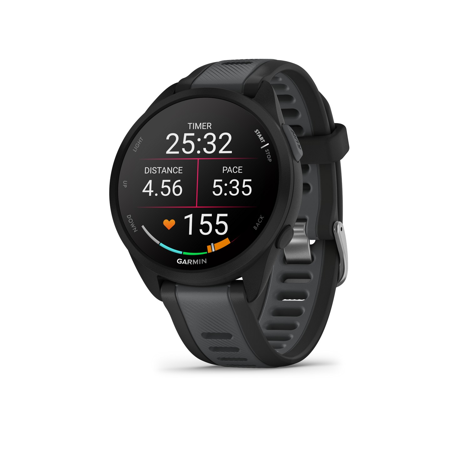 Montre connectée Garmin noire affichant minuteur, distance, allure et fréquence cardiaque.