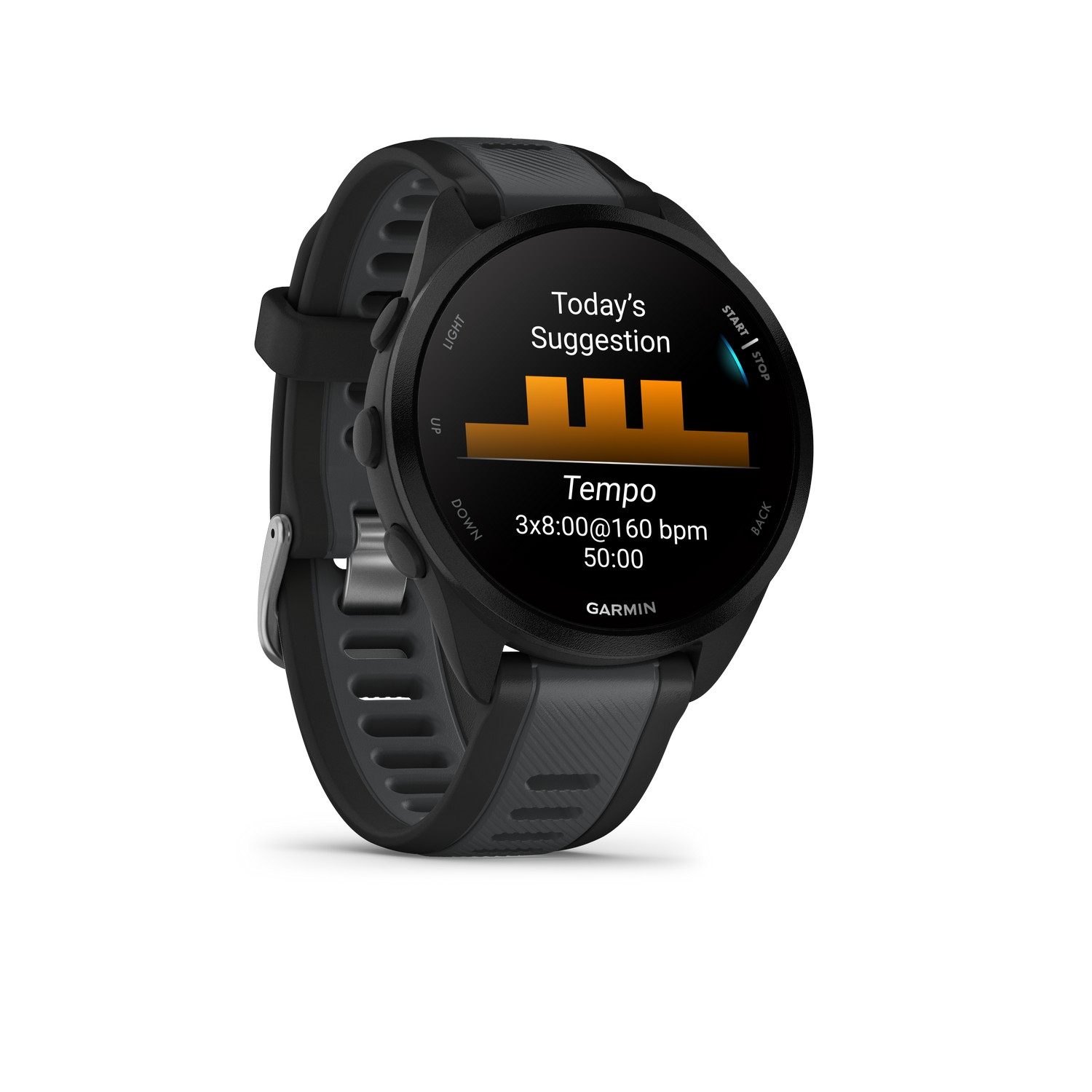 Smartwatch Garmin noire affichant des données d'exercice.