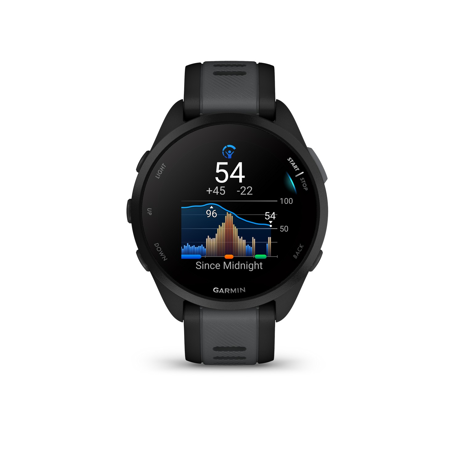 Une montre intelligente noire affichant un graphique et des chiffres. Bracelets noirs et gris.