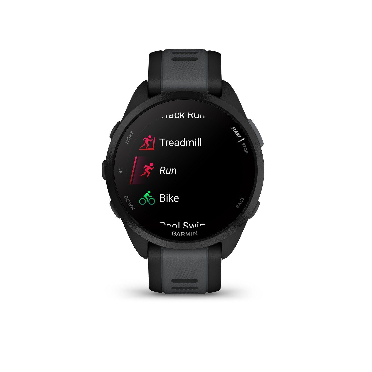 Smartwatch Garmin noire avec écran tactile affichant les options de course, de vélo et de tapis roulant.