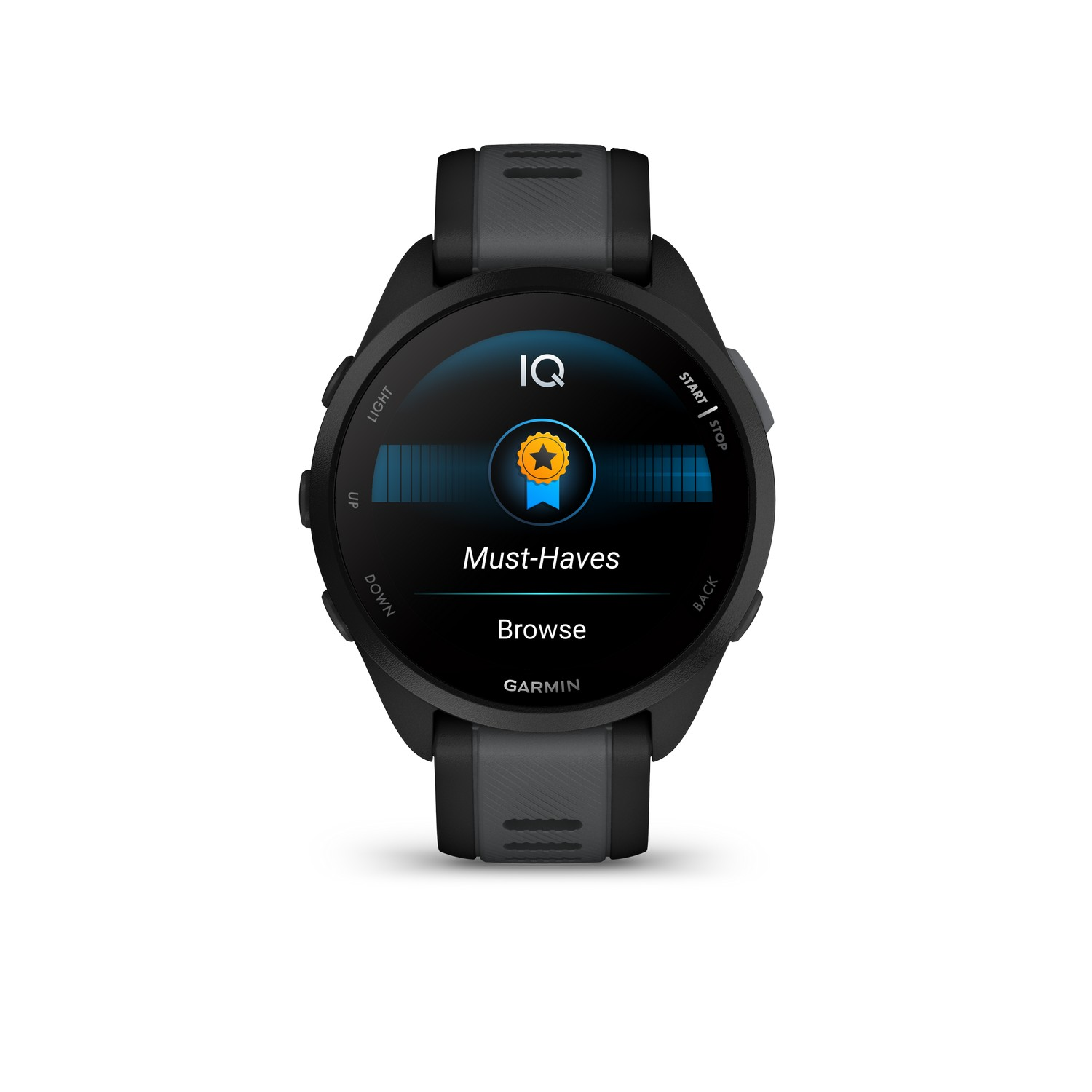 Smartwatch Garmin avec bracelet noir, affichant un écran avec un badge.