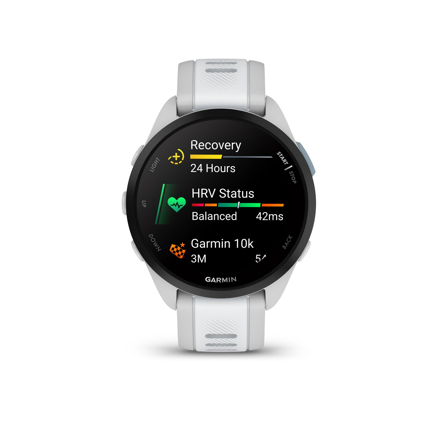 Smartwatch met herstelstatistieken, inclusief HRV en Garmin 10k data.