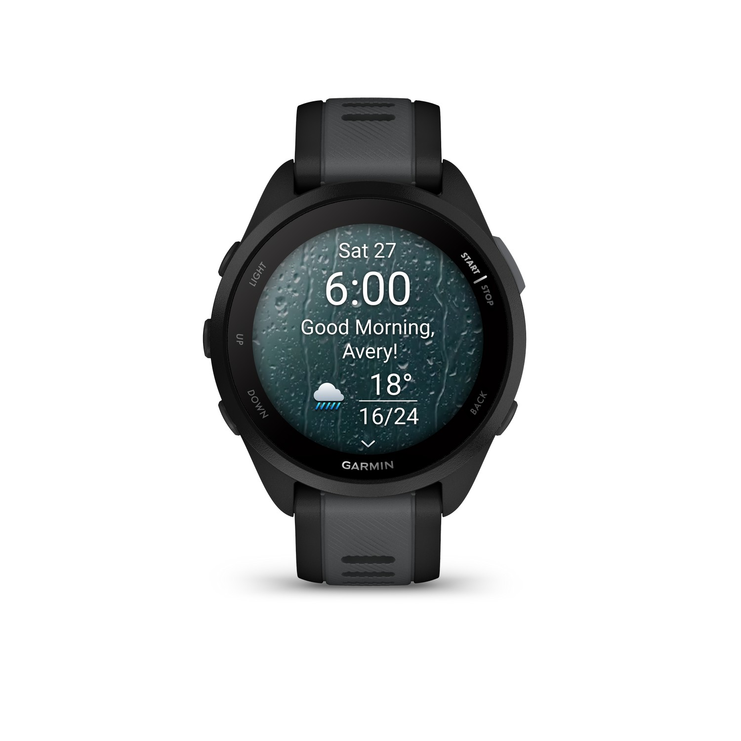 Une montre connectée noire avec des détails météorologiques à l'écran.