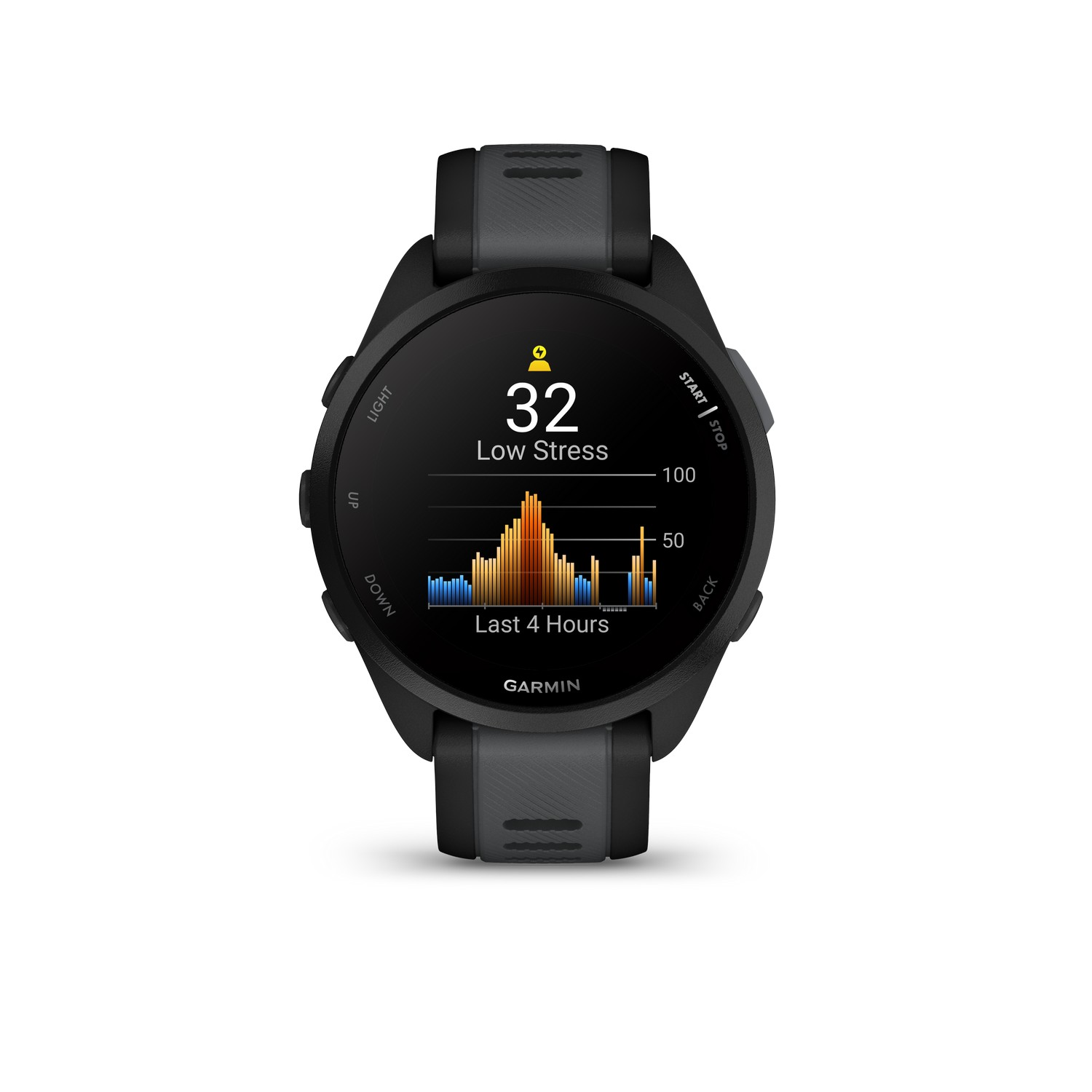 Une smartwatch Garmin noire affichant les niveaux de stress. La montre a un bracelet noir et gris.