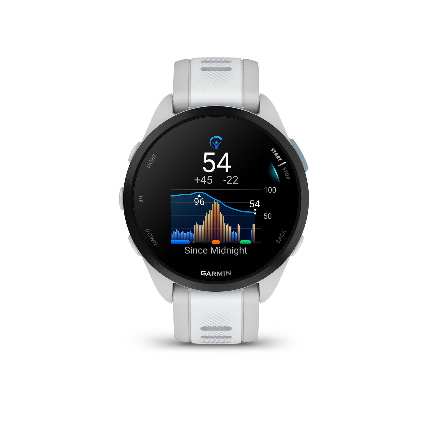 Smartwatch met witte bandjes die gegevens weergeeft. Het scherm toont een grafiek en cijfers. Het Garmin-logo is zichtbaar.
