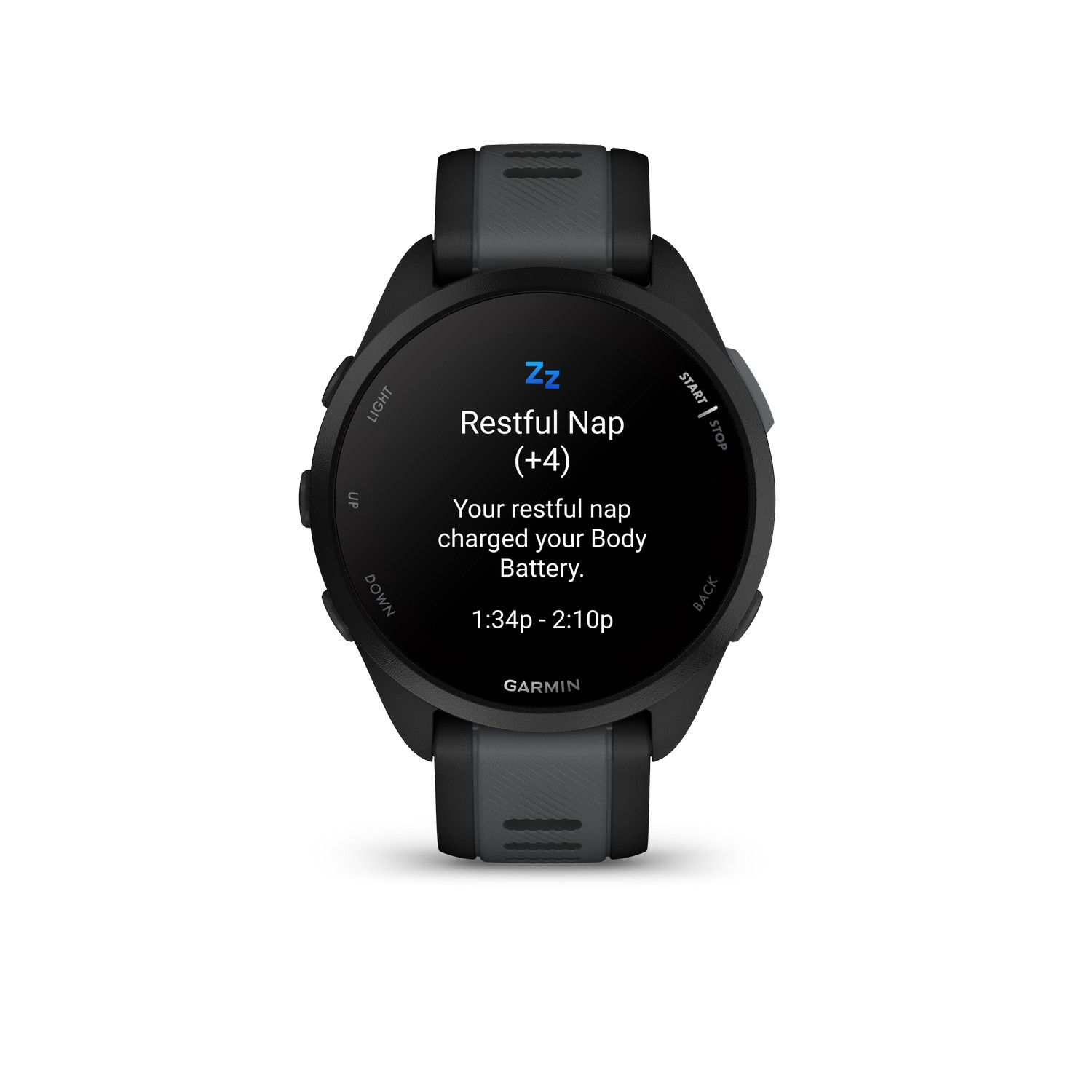 Montre connectée Garmin noire affichant 'Sieste réparatrice' avec statistiques de batterie corporelle et heure.