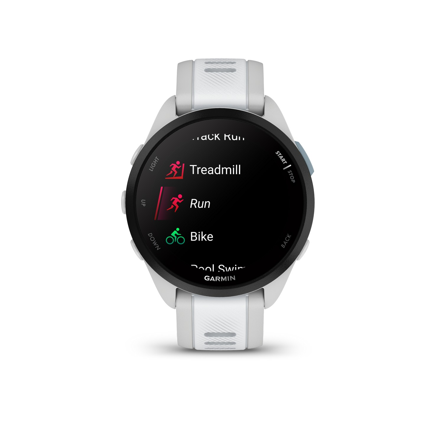 Een witte smartwatch met een zwart scherm met hardloop-, fiets- en zwemopties.