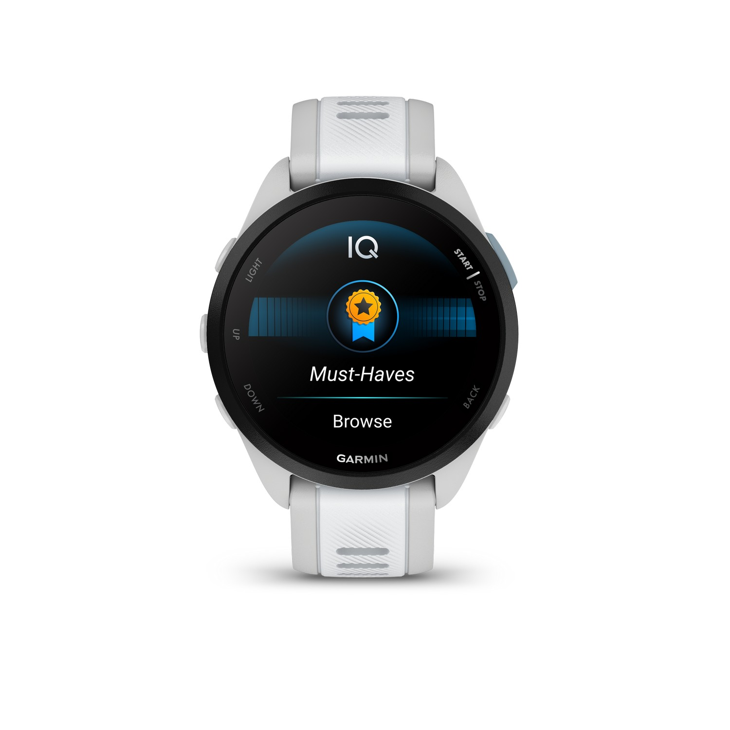 Garmin smartwatch met een witte band, met een menu met een gouden award icoon en de tekst 'Must-Haves'.