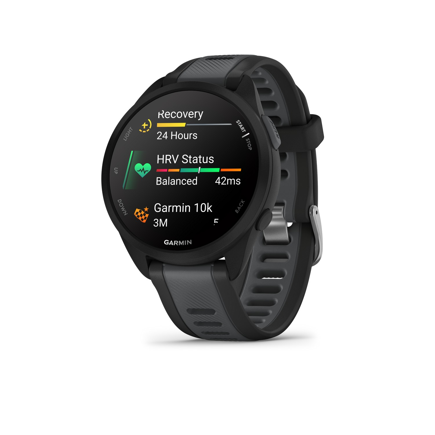Smartwatch noire affichant des données de santé. La montre a un bracelet noir et un écran numérique.